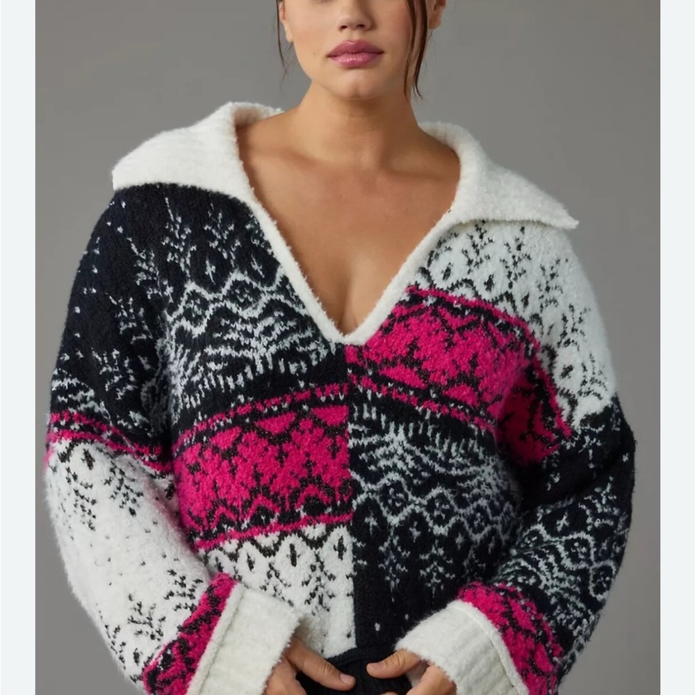 Pilcro Black white Pink fuzzy printed Sweater women’s large petite boho‎ cottage